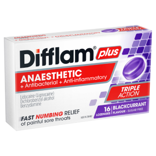 Difflam Plus Anaesthetic Sore Throat Lozenges Blackcurrant Flavour 16 Lozenges