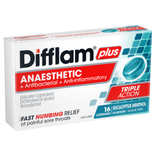 Difflam Plus Anaesthetic Sore Throat Lozenges Eucalyptus & Menthol Flavour 16 Lozenges
