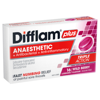 Difflam Plus Anaesthetic Sore Throat Lozenges Wild Berry Flavour 16 Lozenges