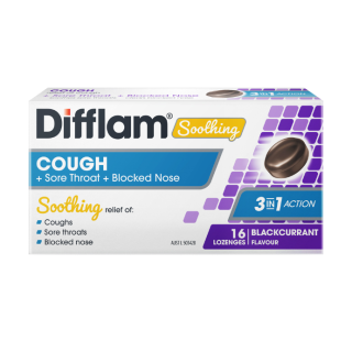 Difflam Soothing Cough + Sore Throat + Blocked Nose Blackcurrant Flavour 16 Lozenges