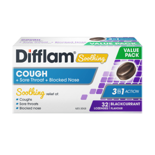 Difflam Soothing Cough + Sore Throat + Blocked Nose Blackcurrant Flavour 32 Lozenges